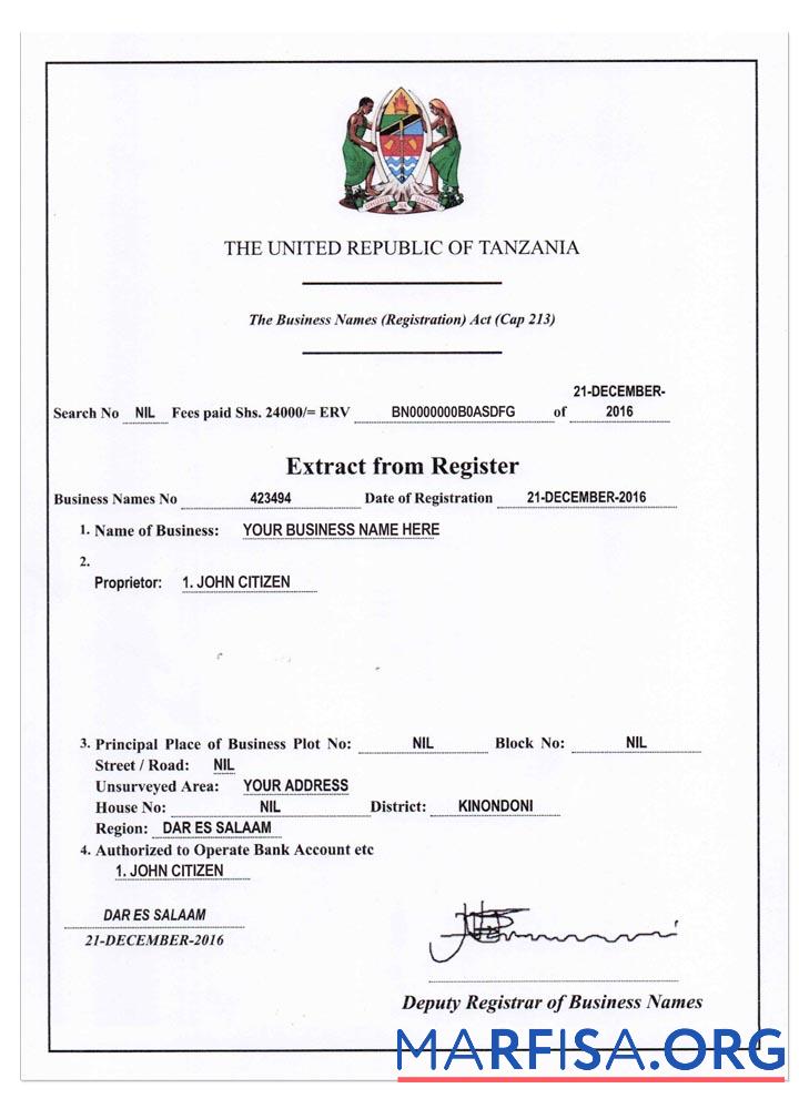 Printable TANZANIA business registration version2 template